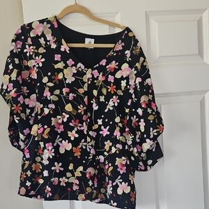 Black Floral V-Neck Women’s Top  Pink Gold Black Floral Print Cabi Charm Blouse